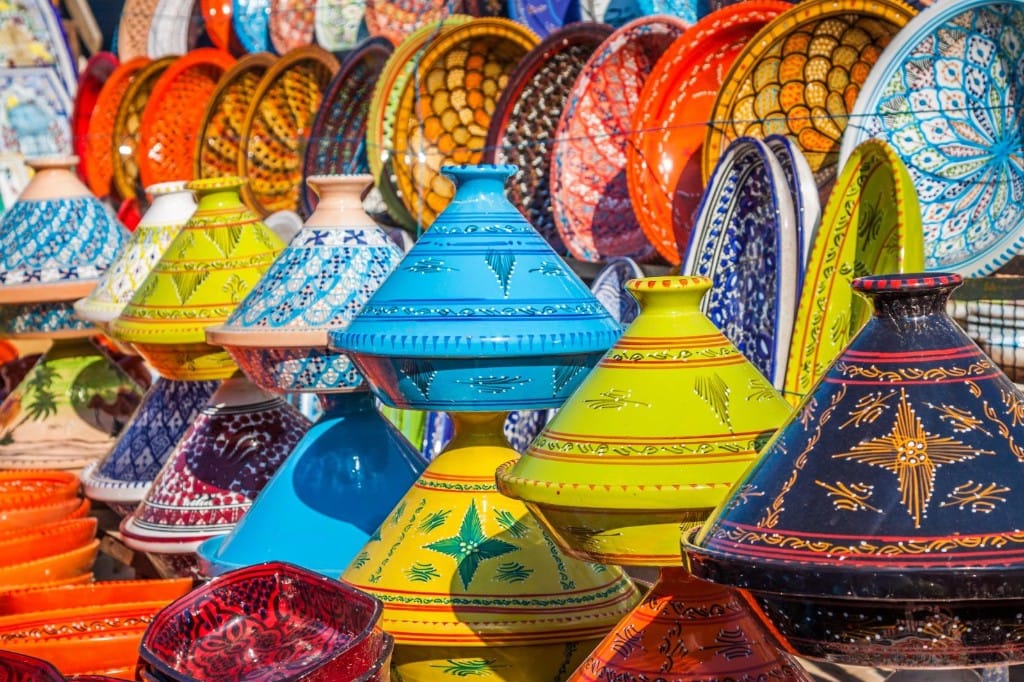 Colorful tagines in Chefchaouen market