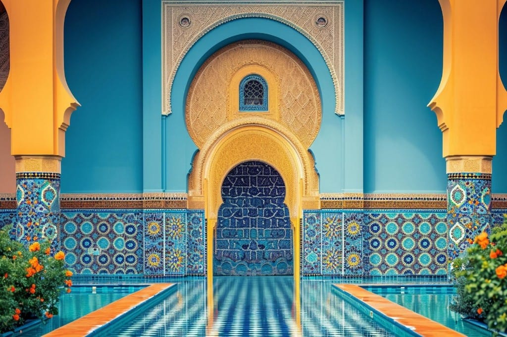 Intricate zellij courtyard architecture in Fes